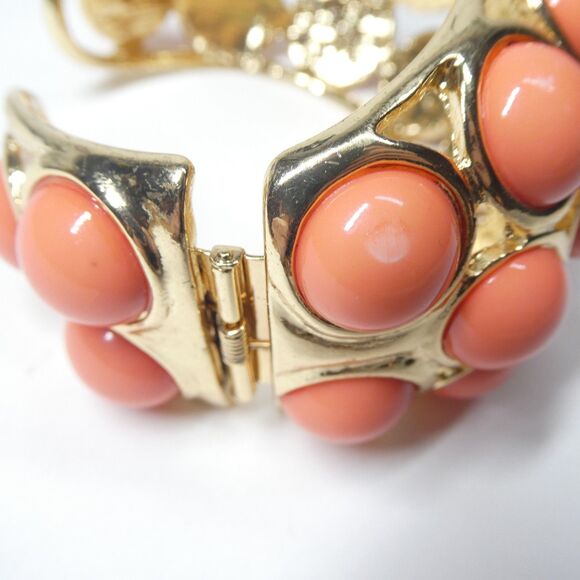 Kenneth Lane Hinged Cuff Bracelet Vintage Goldtone Coral Pink Bubble Chunky - Picture 11 of 15